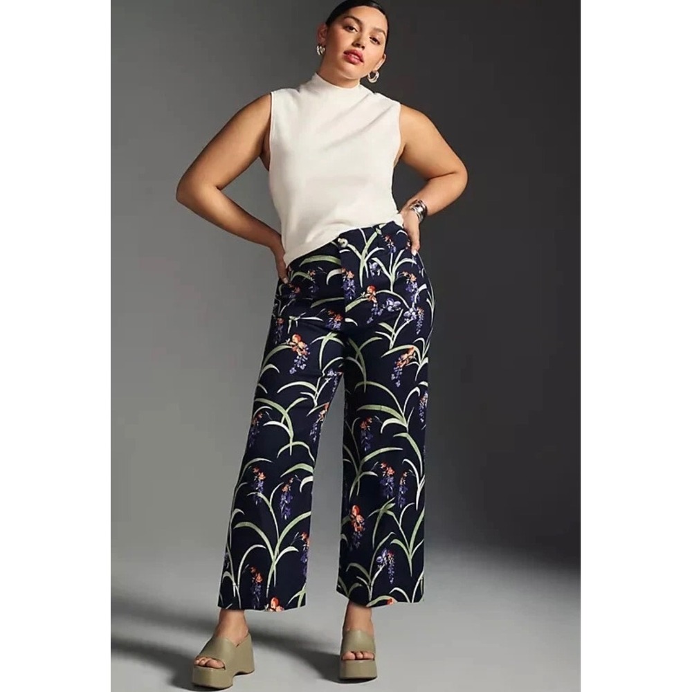 Maeve Anthropologie The Colette Cropped Wide Leg Floral Linen Pants Navy 29P